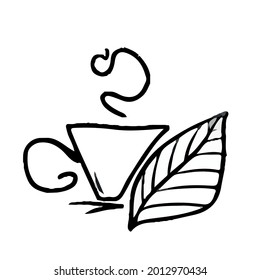 Vector design of a mug with a leaf and green tea .On a white isolated background for banners with postcards.Coloring, contour