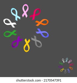 Vector design of multicolor ribbons in circles array, a symbol of many type of cancer awareness on white background. 4 Feb world cancer day