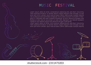 diseño vectorial para el afiche del festival musical con instrumentos musicales contorno colorido y espacio de copia