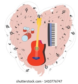 Vector design of musical instruments. Heart shape textured background. Hand drawn color illustration of guitar, keyboard, drums . Greeting card, banner, poster sketch design. Vector