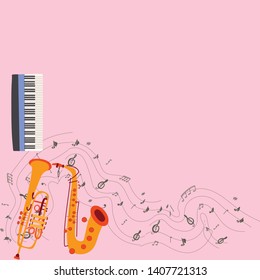 Vector design of musical instruments on pink background.  Keyboard, saxophone and trumpet with musical notes hand drawn color illustration. Greeting card, banner, poster sketch design. Vector