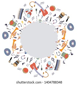 Vector design of musical instruments in pattern border. Textured background. Hand drawn color illustration. Greeting card, banner, poster sketch design. Vector