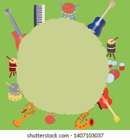 Vector design of musical instruments in round pattern border. Musical instruments hand drawn color illustration. Textured background. Greeting card, banner, poster sketch design. Vector