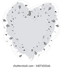 Vector design of musical notes in pattern border. Heart shape textured background. Greeting card, banner, poster sketch design. Vector