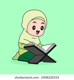 Diseño vectorial de los niños musulmanes leyendo el quran (libro sagrado del Islam)