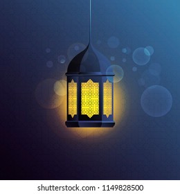 Vector design of muslim lantern on traditional pattern background