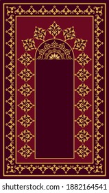 Vektordesign des Moslemgebet-Teppichs. Islamischer Textil. Arabianisches Ornament mit dekorativen Elementen. Arabianische Matten beten.