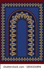 Diseño vectorial de alfombra de oración musulmana.Textil islámico.Suelo de mezquita ornamental.Ornamento árabe con elementos decorativos.Esteras arabias rezando.