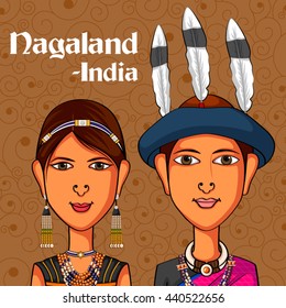 Diseño vectorial de la pareja Naga con traje tradicional de Nagaland, India