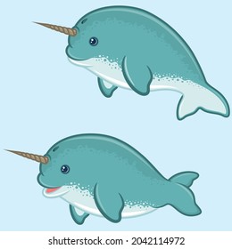 Vector design of narwhal in cartoon shape, Aquatic mammal with childish cartoon shape