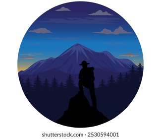 vector design of a natural scene in the afternoon towards evening where there is a mountain with a little snow and also trees and forests and a climber standing on a rock