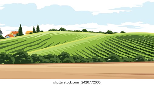 vector design of natural scenery in beautiful countryside, with plantation fields and clear skies