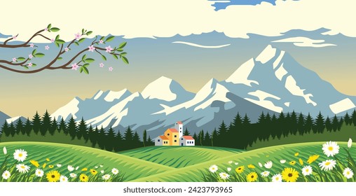 vector design of natural scenery in beautiful countryside, with plantation fields and clear skies	