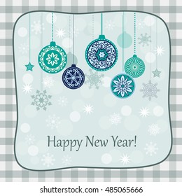 Vector design of new year`s card  with snowflakes, decorated balls and text Happy New Year on the retro background.  EPS 10.