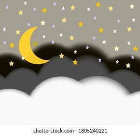 Vector design of night tone color of sky theme consist of stars and clouds and moon.  Goodnight or good dream concept. Copy space for words, phrases, quotes, idioms, texts
