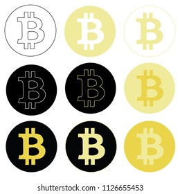 Vector design of nine different logos representing bitcoin crypto-currency
