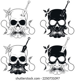 Vektordesign des Ninja-Schädels mit japanischer Hannya-, Kunai- und Shurikenmaske, Graustufen-, Schwarz-Weiß-Maske