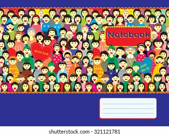 Vector design of notebook cover with the image of a crowd of children different ages in colorful clothes in the fun cartoon style