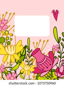 Vector design for notebook with decorative flowers, leaves, hearts on a pink background