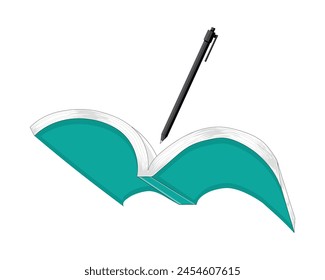 Diseño de Vector de un cuaderno que está abierto y hay una pluma negra en la parte superior del libro