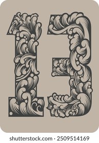 Vector design of the number 13 with typical Indonesian floral ornaments