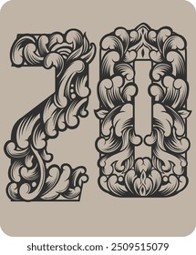 Vector design of the number 20 with typical Indonesian floral ornaments