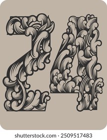 Vector design of the number 24 with typical Indonesian floral ornaments