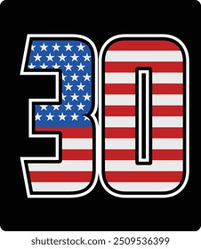 Diseño de Vector del número 30 con el patrón de la bandera americana
