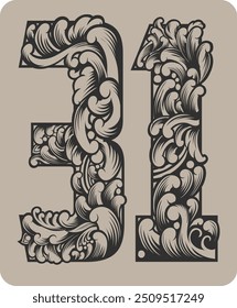 Vektordesign der Nummer 31 mit typisch indonesischen Blumenornamenten