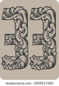 Vector design of the number 33 with typical Indonesian floral ornaments