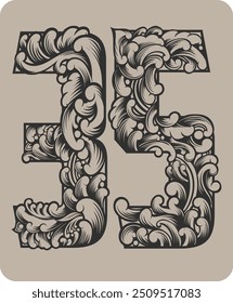 Vector design of the number 35 with typical Indonesian floral ornaments