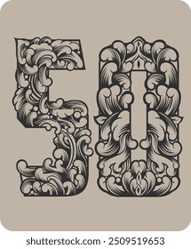 Vector design of the number 50 with typical Indonesian floral ornaments