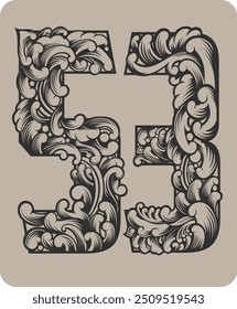 Vector design of the number 53 with typical Indonesian floral ornaments