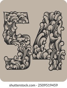 Vector design of the number 54 with typical Indonesian floral ornaments