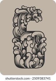 Vector design of the number 6 with typical Indonesian floral ornaments