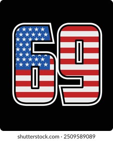 design vetorial do número 69 com padrão de bandeira americana