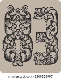 Vector design of the number 83 with typical Indonesian floral ornaments