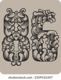 Vector design of the number 86 with typical Indonesian floral ornaments