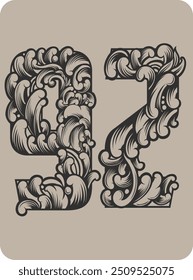 Vector design of the number 92 with typical Indonesian floral ornaments
