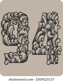 Vector design of the number 94 with typical Indonesian floral ornaments