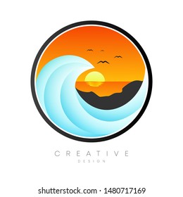 Vector design of ocean waves in a circle with a sunset and beautiful scenery.