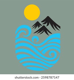 Vector design of ocean waves and mountains in bright colors, very suitable for t-shirt design needs
