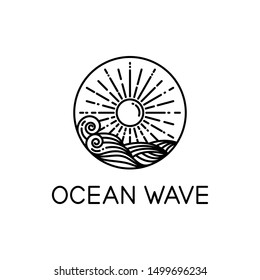 Vector Design Of Ocean Waves And Sunshine Line Art Style Isolated White Background