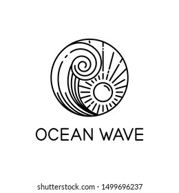 vector design of ocean waves and sunshine line art style isolated white background