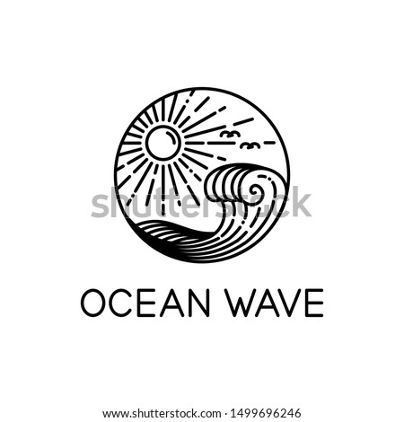 vector design of ocean waves and sunshine line art style isolated white background
