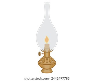 diseño vectorial de una vieja lámpara de iluminación amarillo anaranjado dorado que utiliza aceite como combustible con fuego como la luz cubierta por vidrio en la parte superior