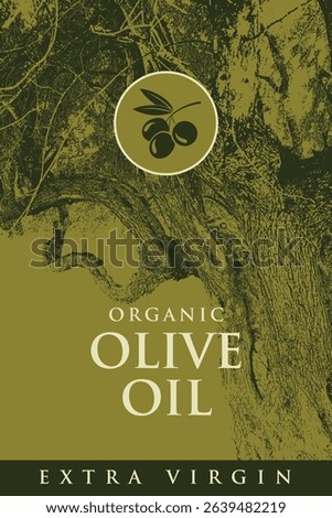 Vector design of olive or olive oil label with old olive tree and olives in circle in vintage style. Suitable for packaging design, sticker, banner. No AI used