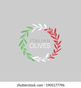 Diseño vectorial de la corona de oliva en los colores de la bandera italiana con aceitunas italianas