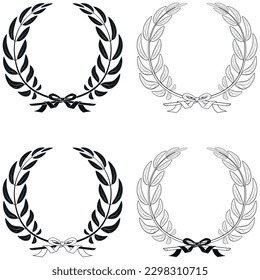 Vector design of olive wreath tied with ribbon, laurel branch tied with ribbon, line and silhouette styles