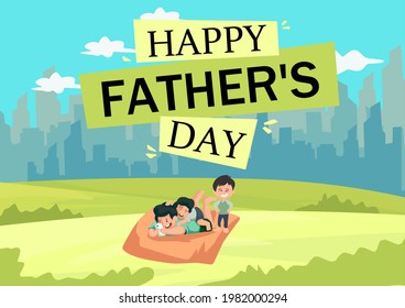 Diseño de vectores en el día del padre, con el fondo de los edificios de la ciudad, árboles, padre e hijo divirtiéndose. diseños para tarjetas de felicitación, carteles, fondos, ilustraciones vectoriales